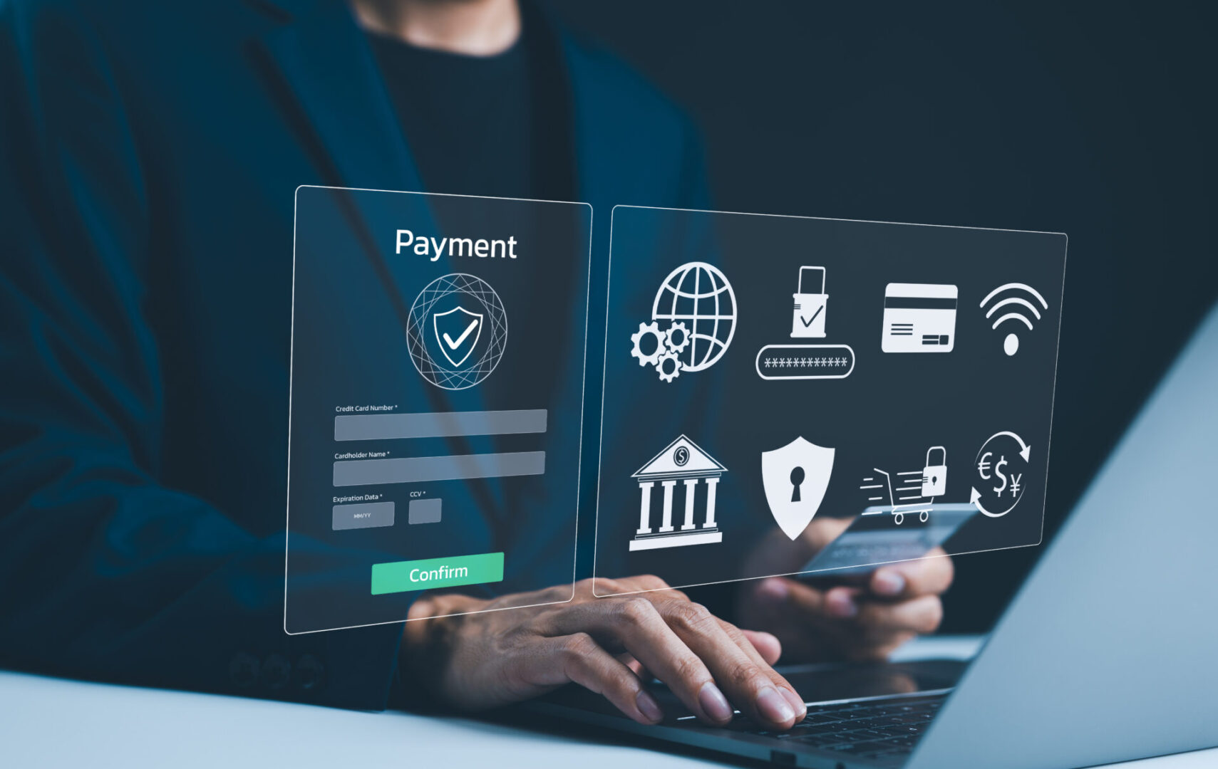 Secure Online Payment Transaction Process concept. Businessman confirming secure online payment using credit card through digital interface with verification tick symbol. Internet banking, fintech,