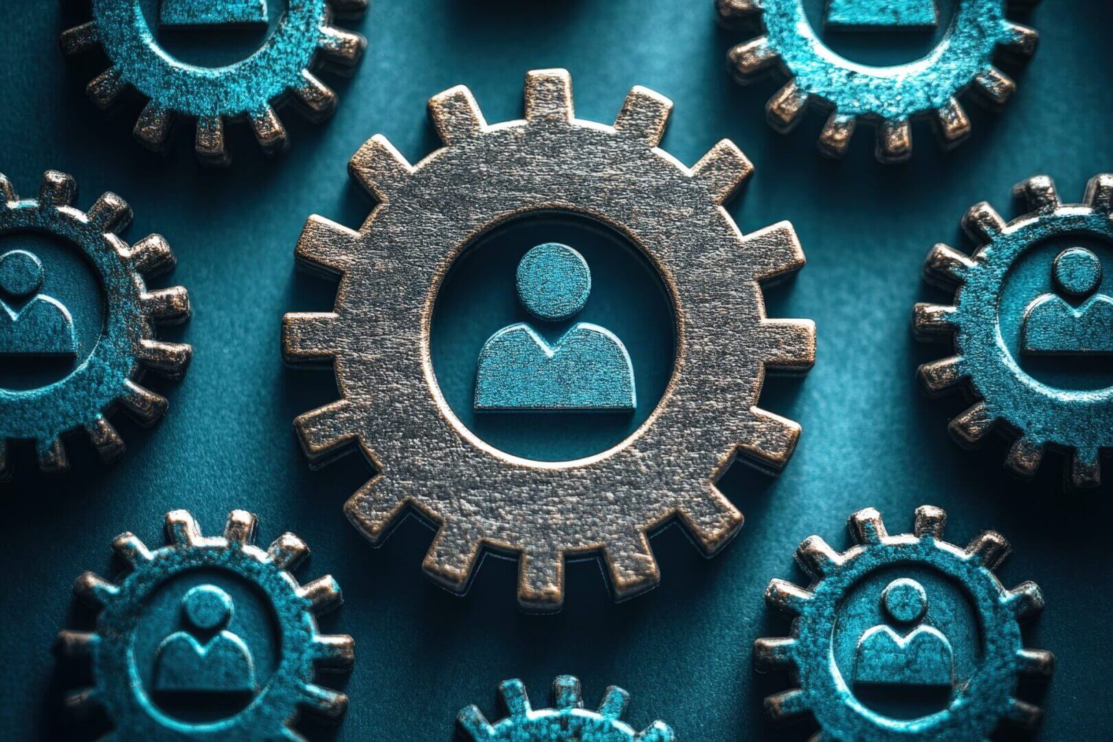 Person in gears; teamwork concept.