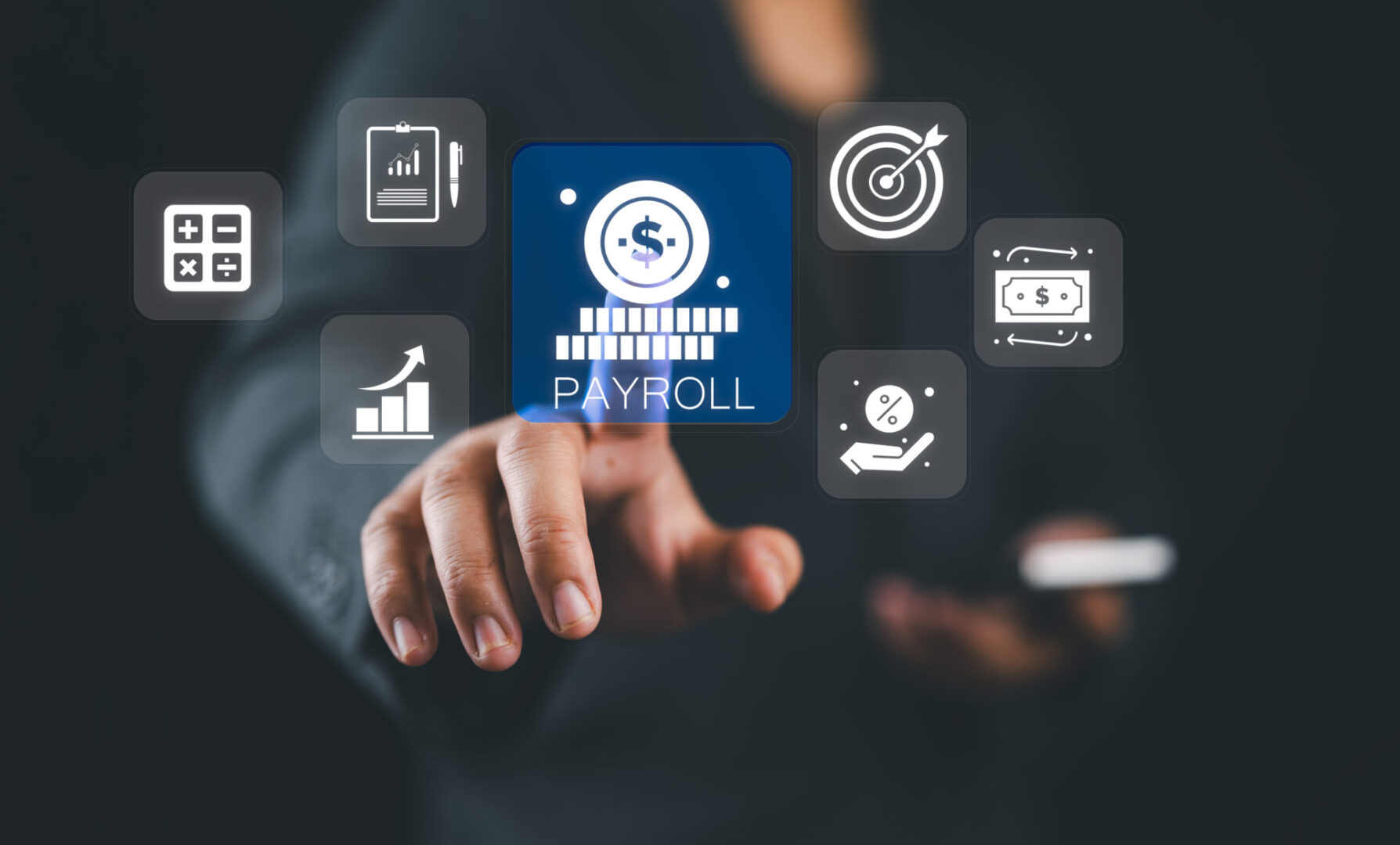 Hand interacting with digital payroll system.